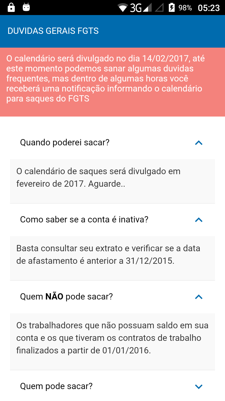 Android application Calendário saque FGTS inativo screenshort