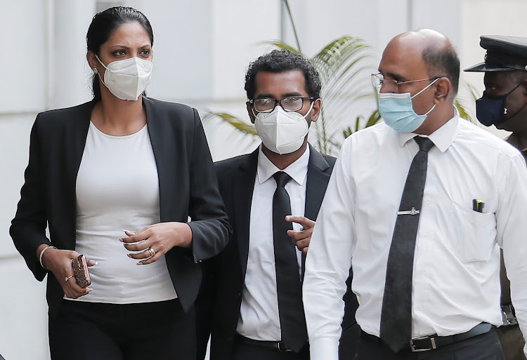 Reigning Mrs World Caroline Jurie leaves the police station after she was arrested and released on bail in Colombo, Sri Lanka, on April 8 2021.