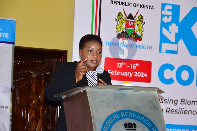 Cabinet Secretary of health Susan Nakhumicha during KASH 14th Conference on Harnessing Biomedical Research Innovations and Big Data for Health System Resilience, Local Manufucturing and Commercialisation in Safari park Hotel, Nairobi on February 13,2024.