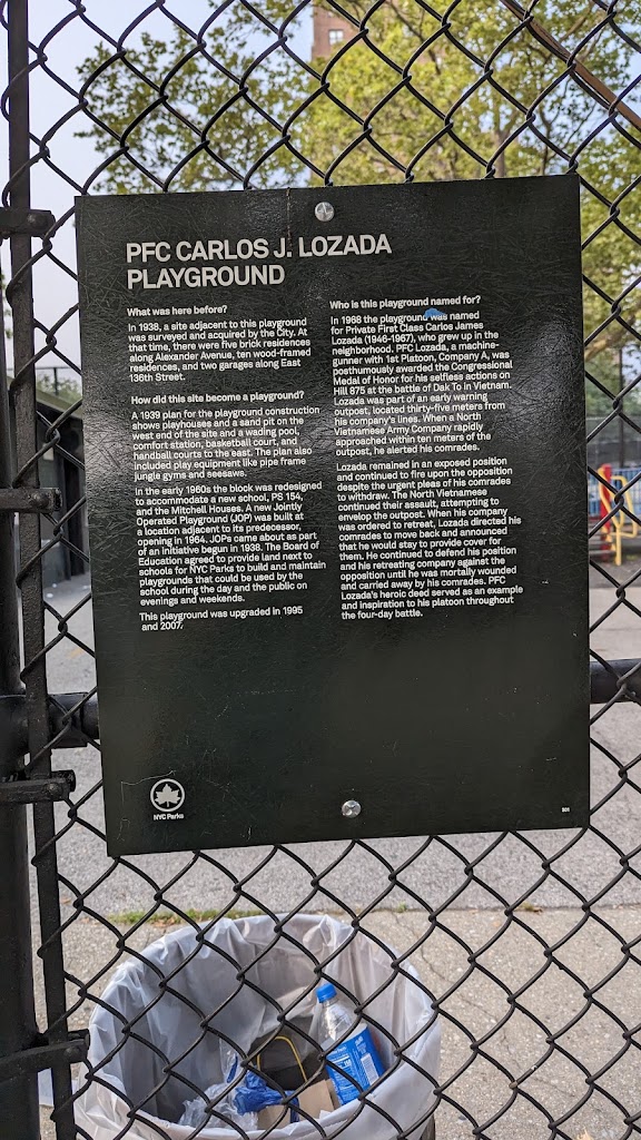 PFC CARLOS J. LOZADA PLAYGROUND   What was here before?   In 1938, a site adjacent to this playground was surveyed and acquired by the City. At that time, there were five brick residences along ...