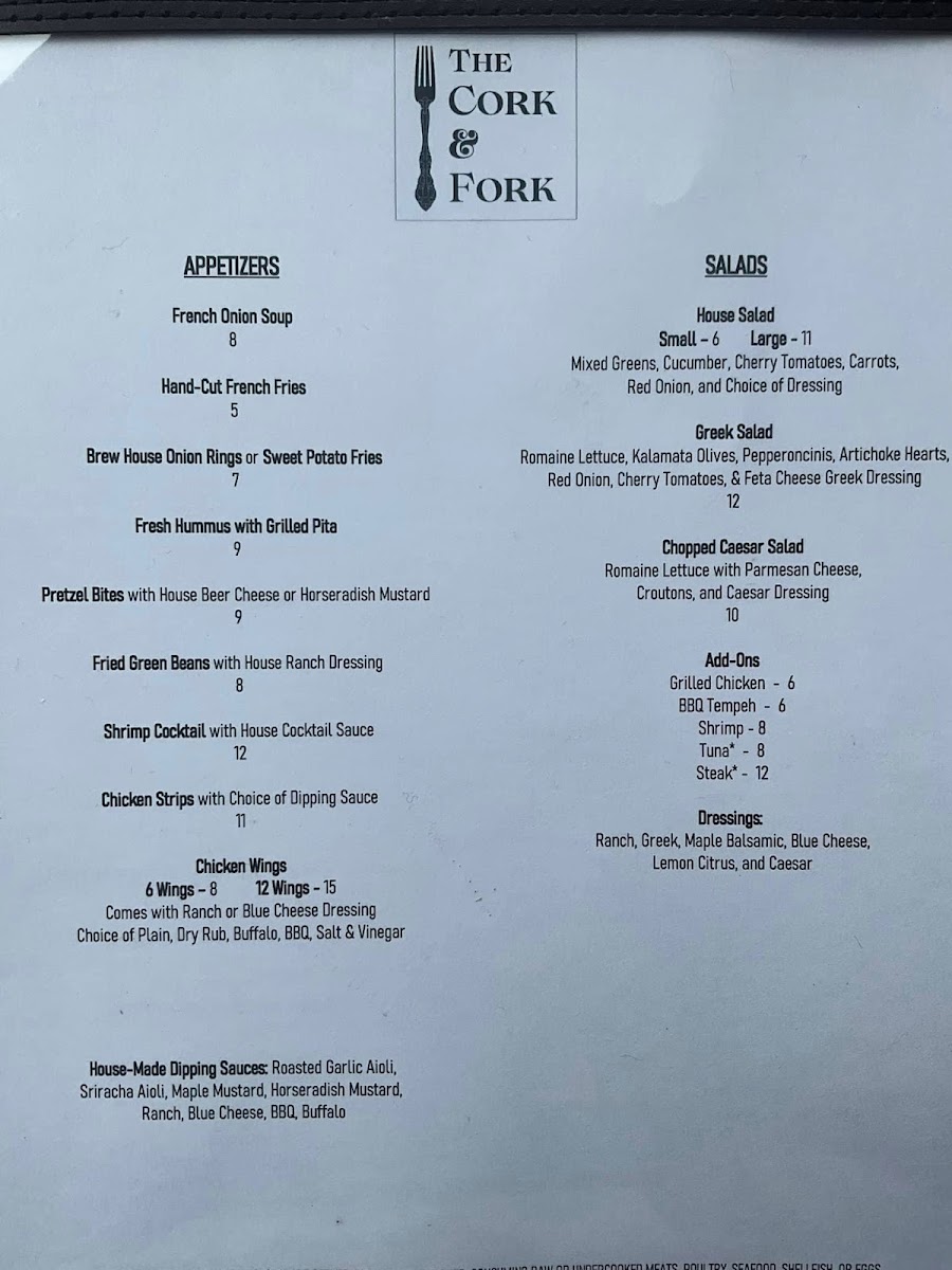 The Cork & Fork gluten-free menu