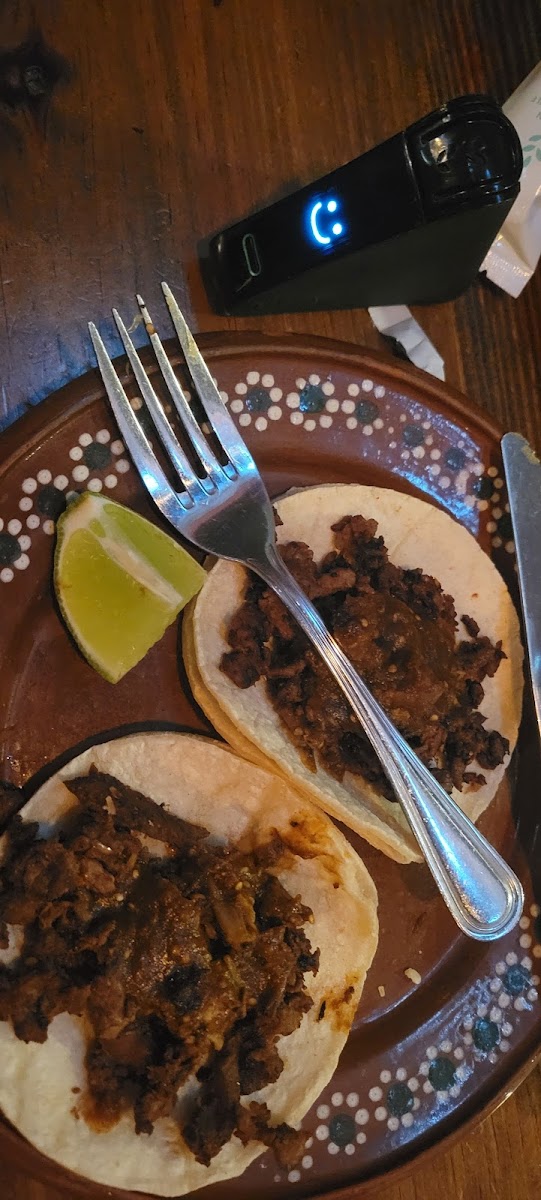 Carne Asada Tacos with 7 Chiles Salsa. No onion or cilantro.