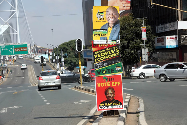 Election posters for the May 2024 general elections are shown in Braamfontein, Johannesburg. Picture: ANTONIO MUCHAVE