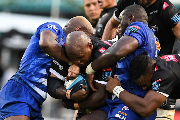 Bongi Mbonambi stepped off the bench for the Sharks against the Stormers but the visitors held on for another URC win in Durban. Picture: STEVE HAAG/GALLO SPORT