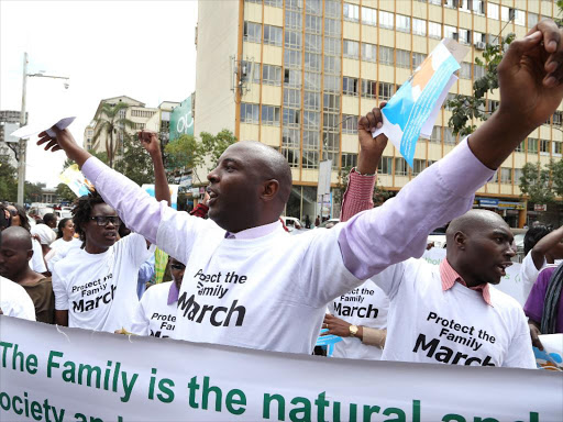A file photo of Kiharu MP Irungu Kang'ata leading demonstrators during an anti-gay protest by the Catholic Justice and Peace Commission and the Kenya Christian Professional Forum along city streets in 2015. /HEZRON NJOROGE