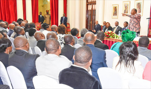 FOUR - DAY ONSLAUGHT: President Uhuru Kenyatta addresses leaders from Central Kenya, Nairobi, Meru and Embu counties when they called on him at State House, Nairobi, yesterday.Photo/PSCU