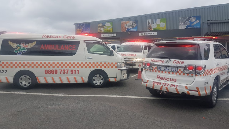 Paramedics at the scene of a structural collapse at the Bargain Basket in Pinetown, west of Durban, on Thursday November 22.