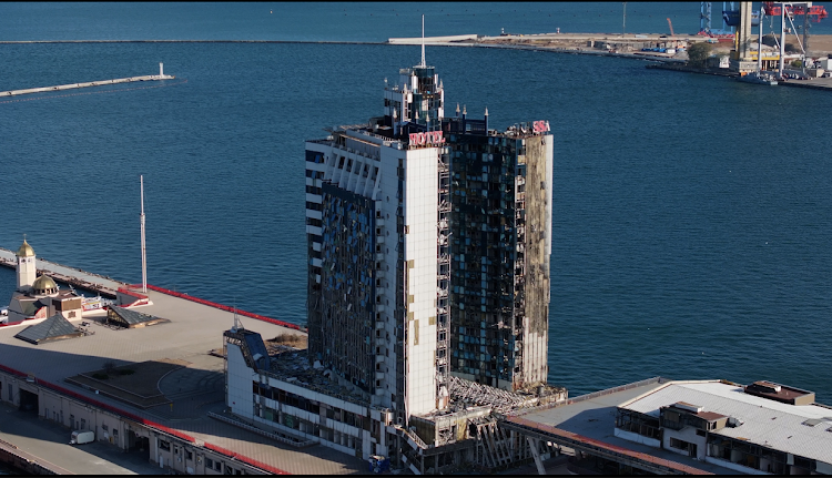 Damaged Hotel Odessa at the Port of Odesa in Ukraine. The damage is as a result of missile, rockets and drone attacks by Russian forces.