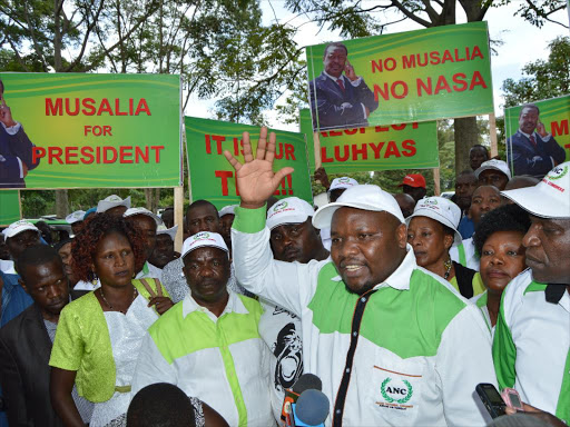 Amani National Congress Secretary General Bungoma County addressing the media at Kakamega on April 10,2017 where they staged protests to demand ANC leader and NASA co-Principle Musalia Mudavadi to be given the flagship of NASA on Wednesday. /CALISTUS LUCHETU