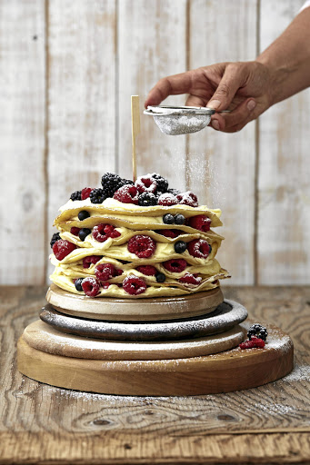 Sweet berry pancake stack.