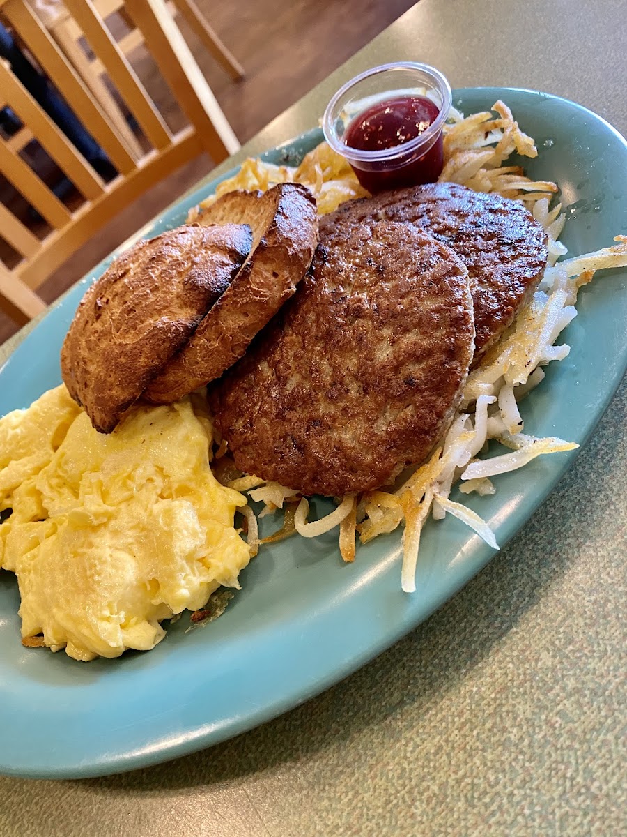 Off of the Egg Cetera menu- eggs, hashbrowns pork sage sausage, gf (english muffin-style) and jelly