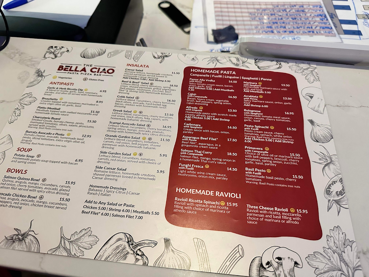 The Bella Ciao gluten-free menu
