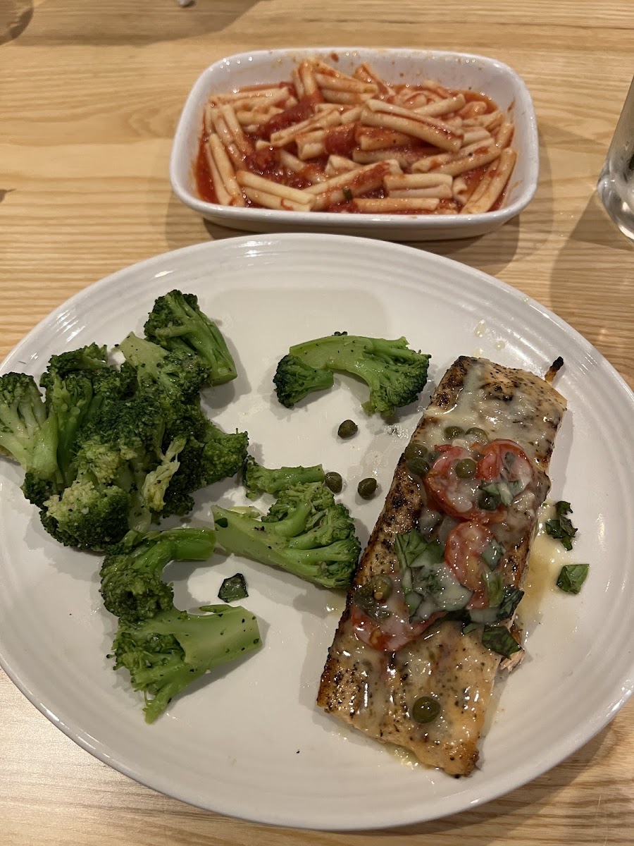 Salmon with broccoli and a side of GF pasta