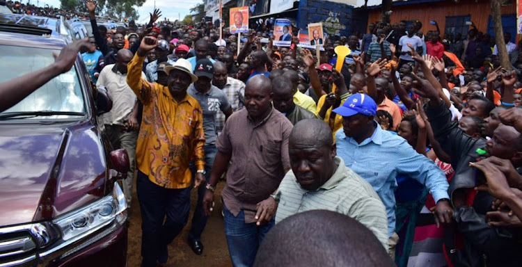 AU envoy Raila Odinga durinbg the unveilingof ODM party aspirants for the Kibra Constituency seat at a rally at Kamkunji grounds on August 25, 2019.