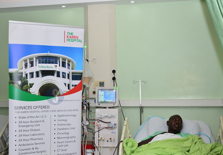 Rev Peter Kihara, a preacher at First Love Pentecostal Church on Ngong Road, during his kidney dialysis at the Karen Hospital on March 14