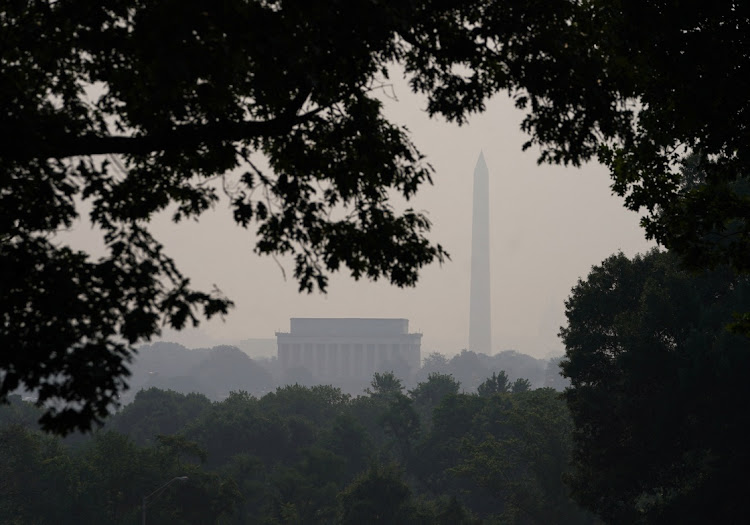 The Washington Monument and Lincoln Memorial are shrouded in smoky skies from the Canadian wildfires, bringing code red air quality conditions in Washington, US, on June 29 2023.
