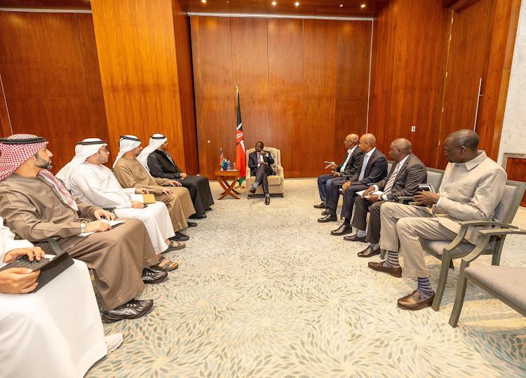President William Ruto holds a meeting with the UAE delegates including the Minister of Industry and Advanced Technology of the Arab Emirates Sultan Al Jaber on February 12, 2024.