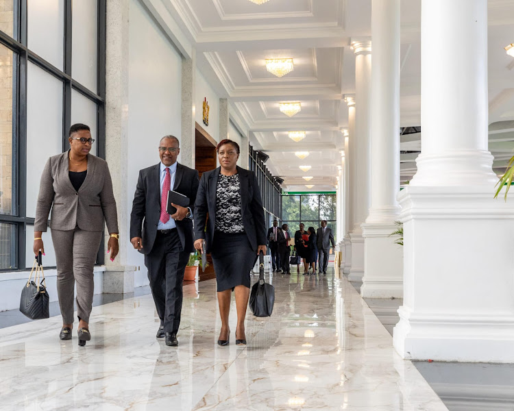 Cabinet Secretaries Aisha Jumwa (Gender), Zachariah Njeru (Water) and Susan Nakhumicha (Health) arrive for the cabinet meeting at Statehouse, Nairobi on April 30, 2024.
