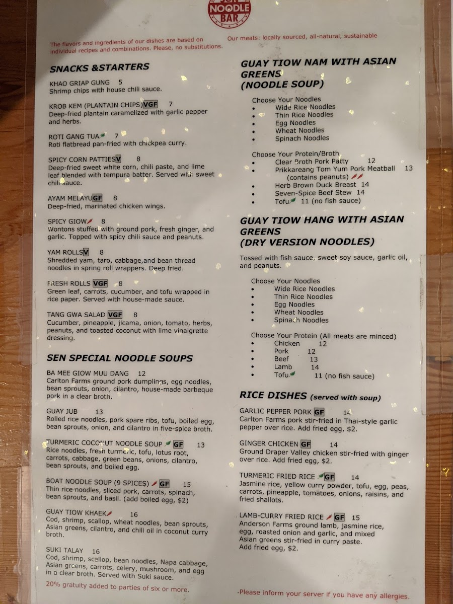 Sen Noodle Bar gluten-free menu