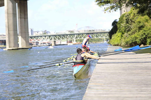 SAINTS MARCH ON: The St Benedicts open rowing team get ready to leave the water after practising on the Buffalo River ahead of today’s Buffalo Regatta blast-off Picture: STEPHANIE LLOYD