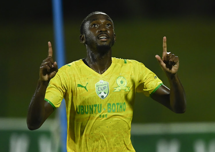 Peter Shalulile of Mamelodi Sundowns celebrates his goal during the 2022 Nedbank Cup last 32 game against Richards Bay at Princess Magogo Stadium in Durban,