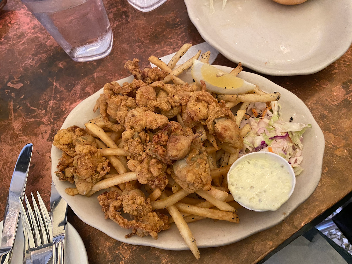 Gluten free fried clam bellies, truffle fries, cole slaw and tarter sauce!