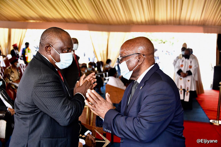 President Cyril Ramaphosa greets former president Jacob Zuma after he gave a moving tribute to the late Zulu monarch King Goodwill Zwelithini in Nongoma.