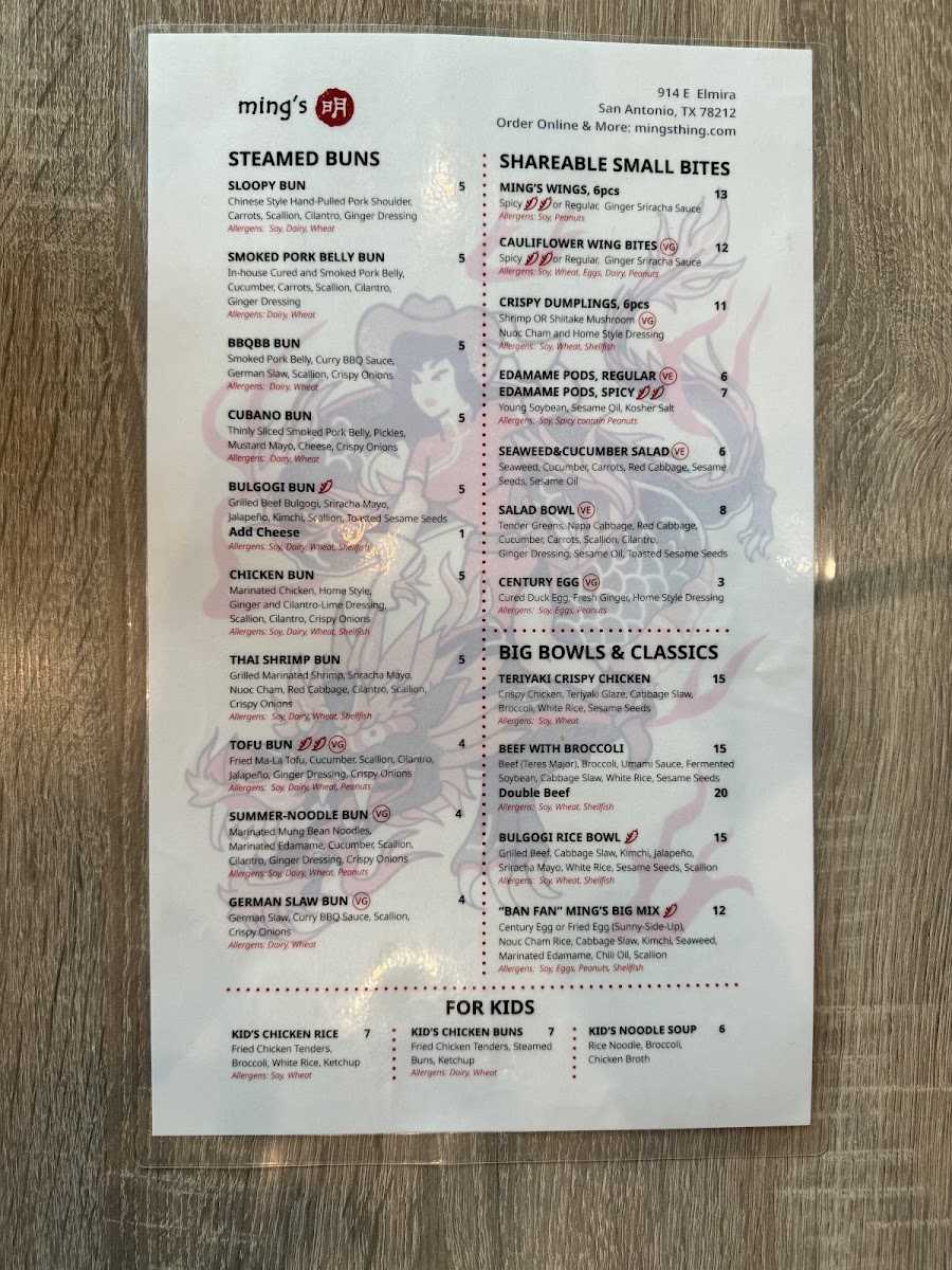 Ming's gluten-free menu