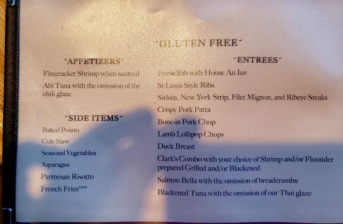 Clark's Seafood & Chop House gluten-free menu