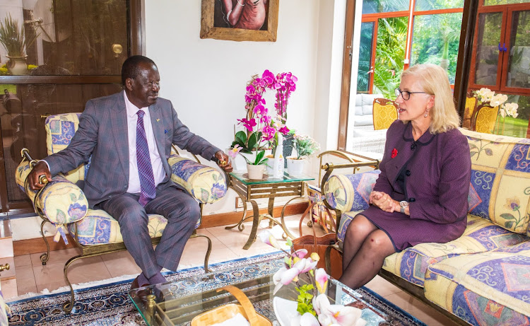 Azimio leader Raila Odinga in a meeting with Australia's High Commissioner Ms Jenny Da Rin in Nairobi on April 25, 2024.