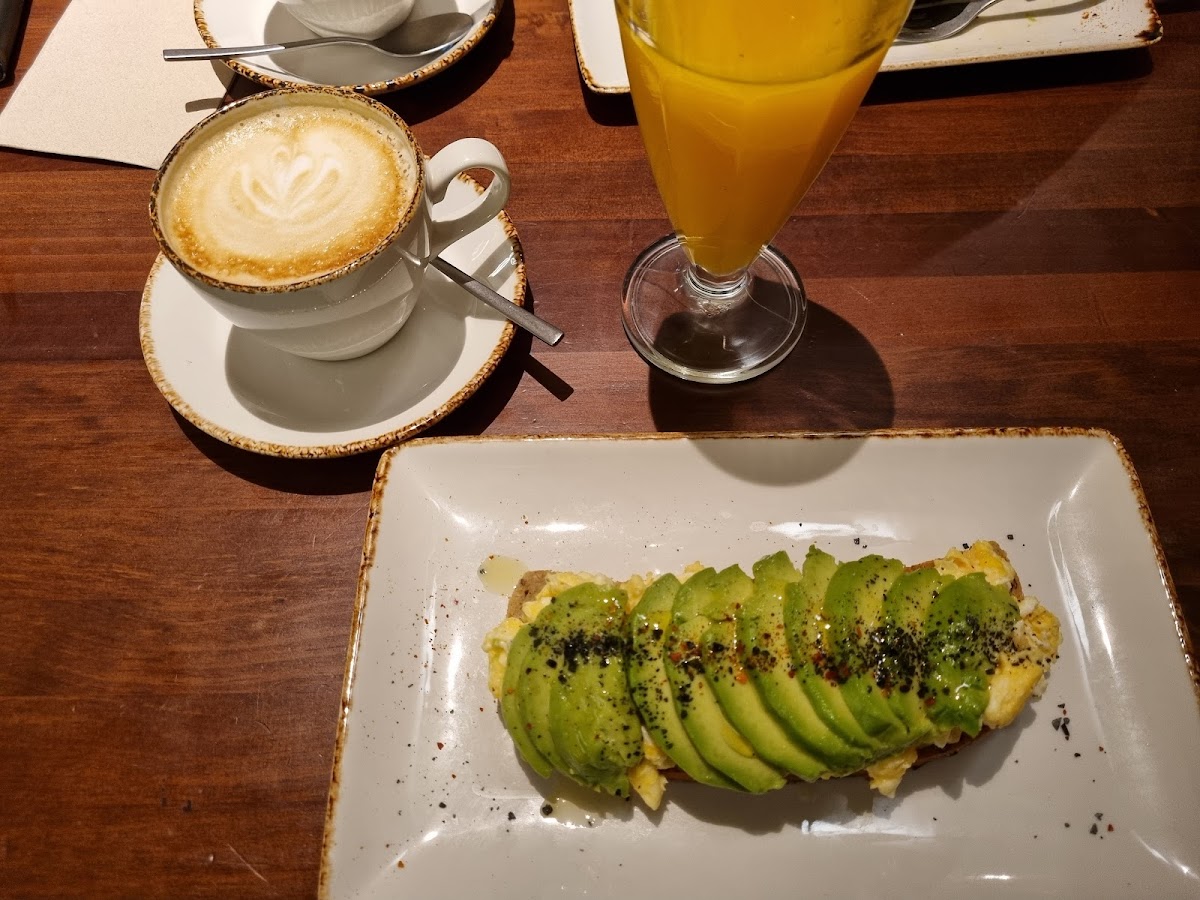 Scrambled eggs and avocado toast