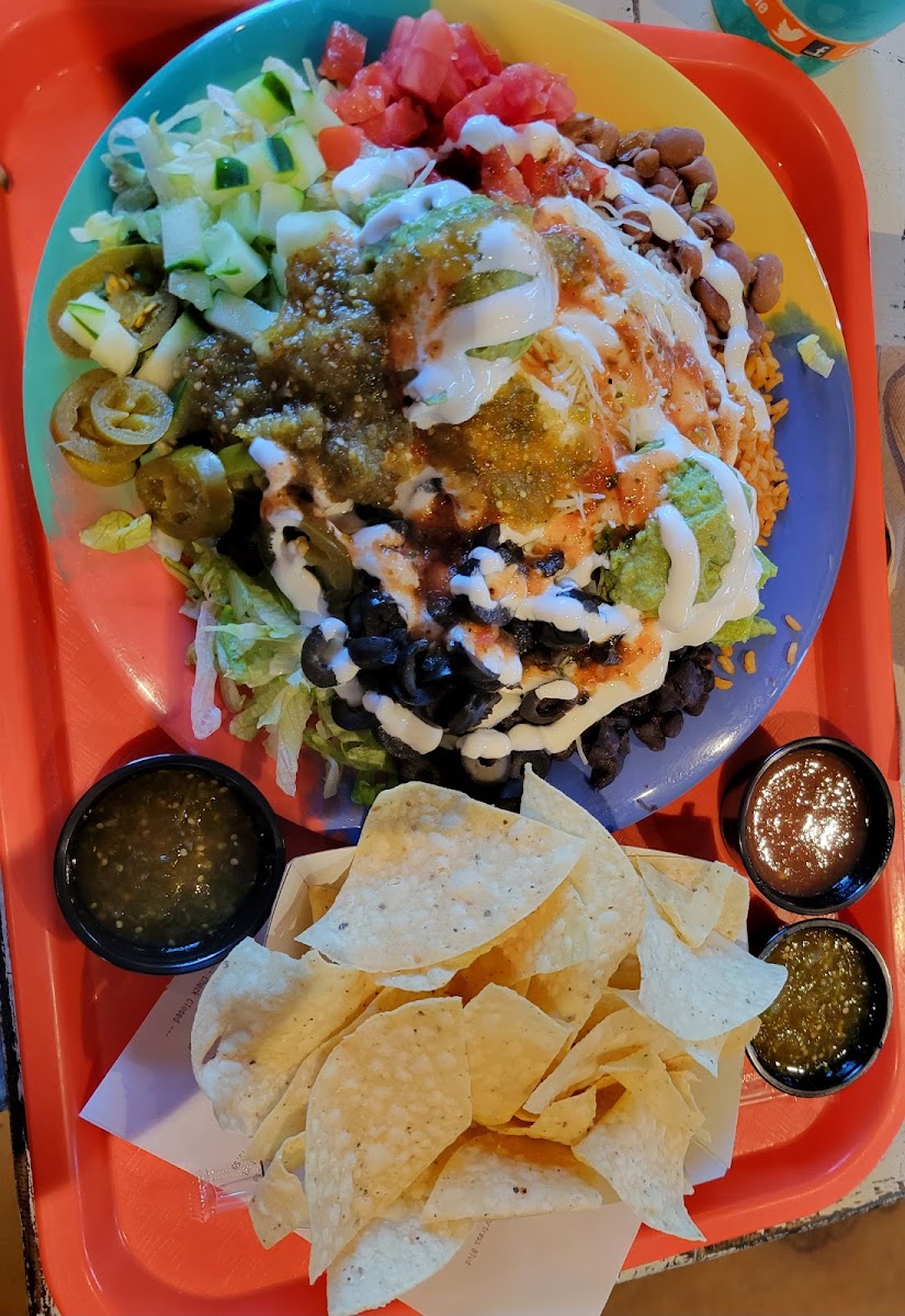 Peasant plate-basically rice & beans with any veg you want. If you're celiac, use caution with the chips due to manufacturing. (Warning on Website)