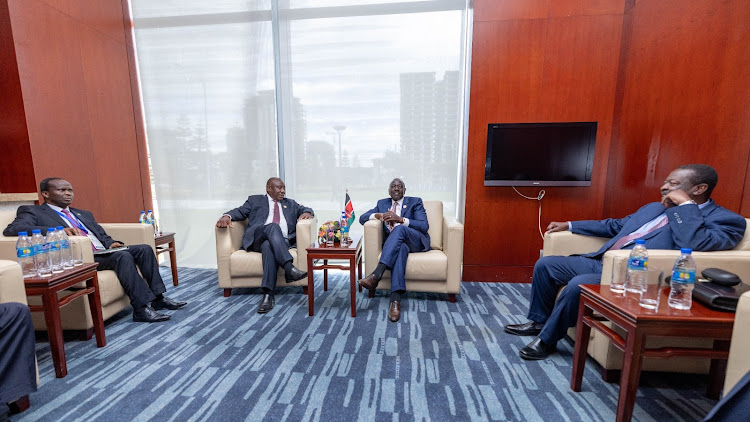President William with his South Africa counterpart Cyril Ramaphosa and Prime CS Musalia Mudavadi at the African Union headquarters during the 37th Ordinary Session of the Assembly of Heads of State and Government in Addis Ababa, Ethiopia on February 18, 2024