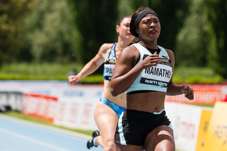 Tebogo Mamathu competes in the women's 100m heat race during the Riunione Italiana di Velocità athletic meeting in Rieti, Italy.