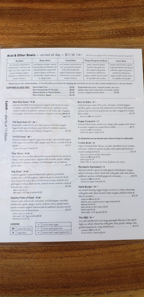 The Beet Box Cafe gluten-free menu