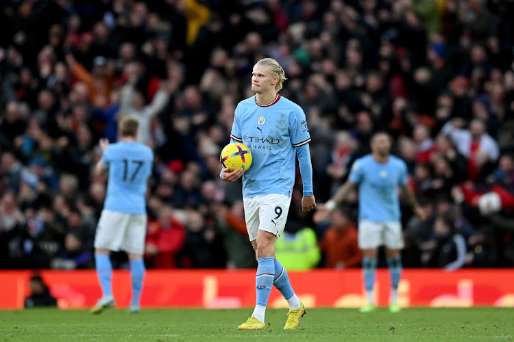 Erling Haaland of Manchester City looks dejected after Marcus Rashford (not pcitured) of Manchester United scores the team's second goal during the Premier League match between Manchester United and Manchester City at Old Trafford on January 14, 2023 in Manchester, England.