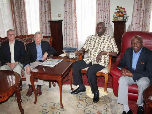 Retired President Daniel arap Moi with his son Baringo Senator Gideon Moi at his Kabarak home before his departure for Israel on March 11, 2018. /Kanu