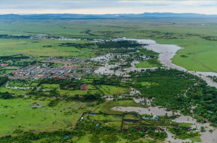 Aerial view of Talek town submerged in flood waters after Talek River burst its banks in Maasai Mara Game Reserve on May 1, 2024.