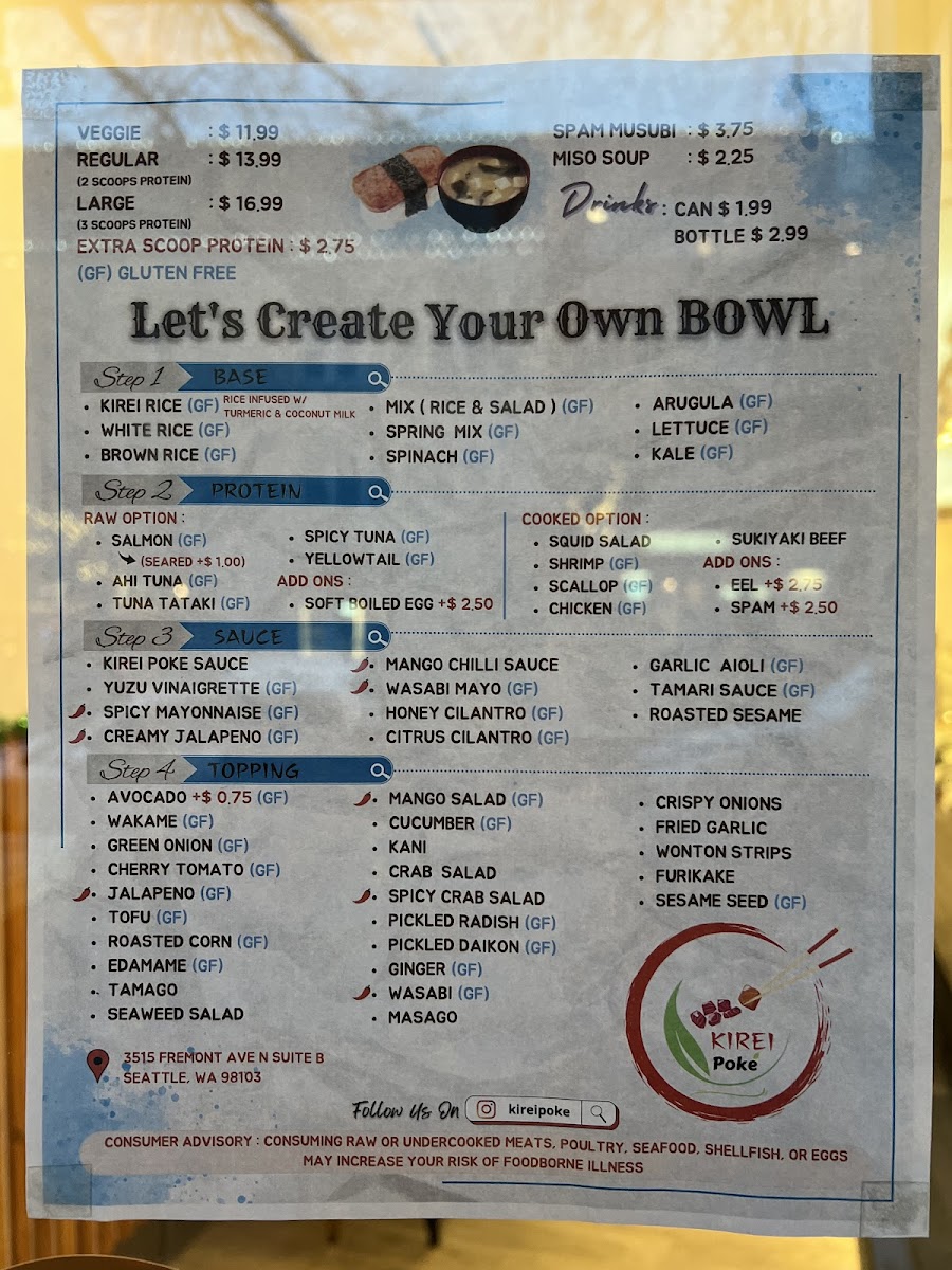 Kirei Poke gluten-free menu