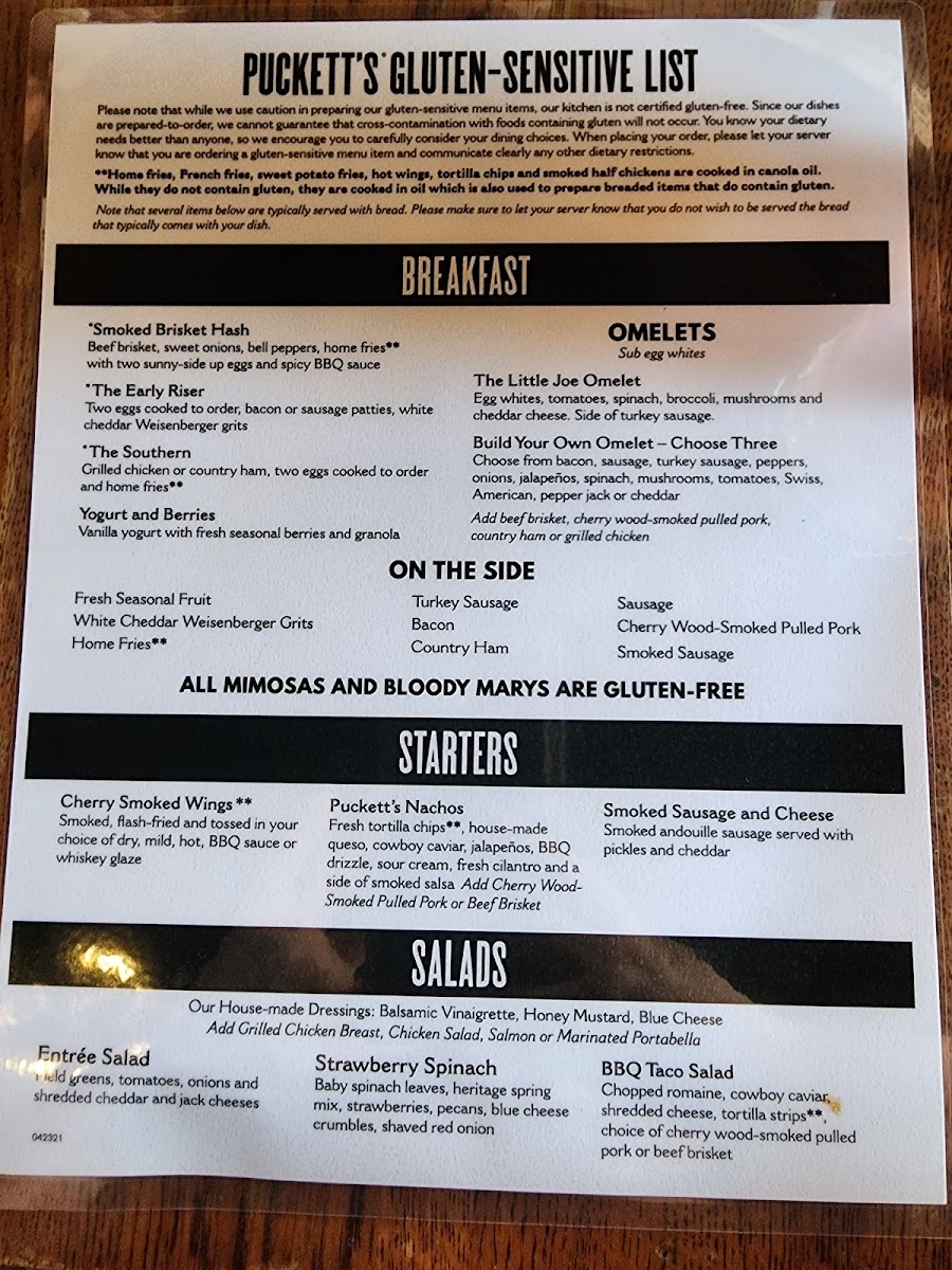 Puckett's Restaurant gluten-free menu