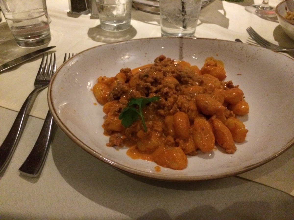 Gluten free gnocchi with vodka sauce and Italian sausage crumbles