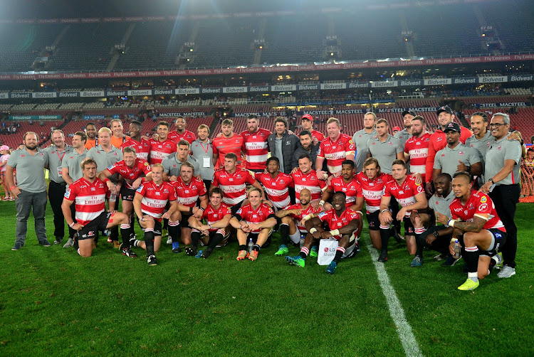 The Emirates Lions team pose for a picture with the technical team during Super Rugby match against the DHL Stomers at the Ellis Park Stadium, Johannesburg on 07 April 2018.