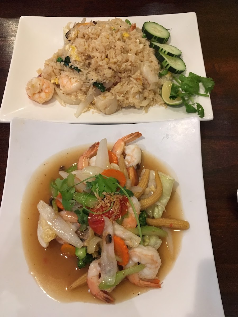 Mixed Seafood Fried Rice (top) and Pad Paak Shrimp Stir Fry (bottom)