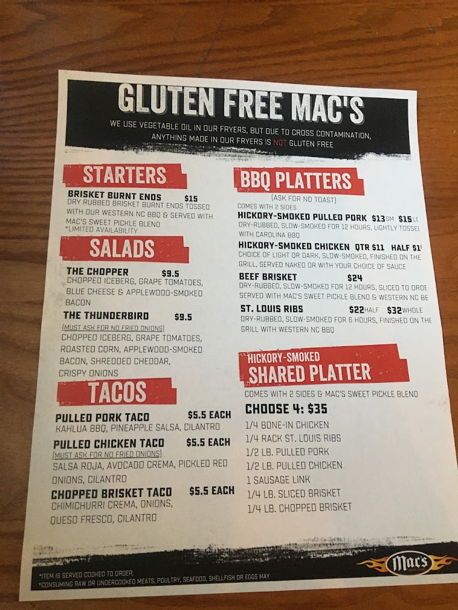 Mac's Speed Shop gluten-free menu