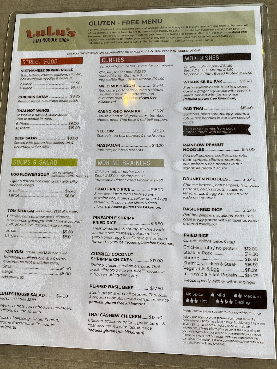 Lulu's Thai Noodle Shop gluten-free menu