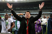 Free State Stars coach Luc Eymael celebrates during the Nedbank Cup, Final match between Maritzburg United and Free State Stars at Cape Town Stadium on May 19, 2018 in Cape Town, South Africa. 