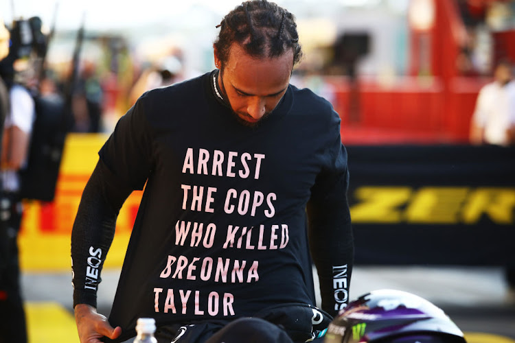 Race winner Lewis Hamilton of Mercedes GP wears a shirt in tribute to the late Breonna Taylor during the F1 Grand Prix of Tuscany at Mugello Circuit on Sunday in Scarperia, Italy.