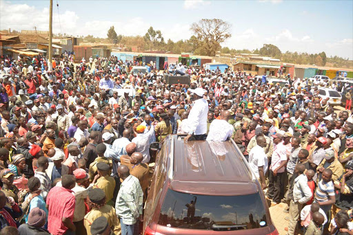 NASA Principal and ODM leader Raila Odinga addressing a crowd at Timau trading centre Meru County on Monday Febraury 27, 2017. Photo/ Emmanuel Wanson