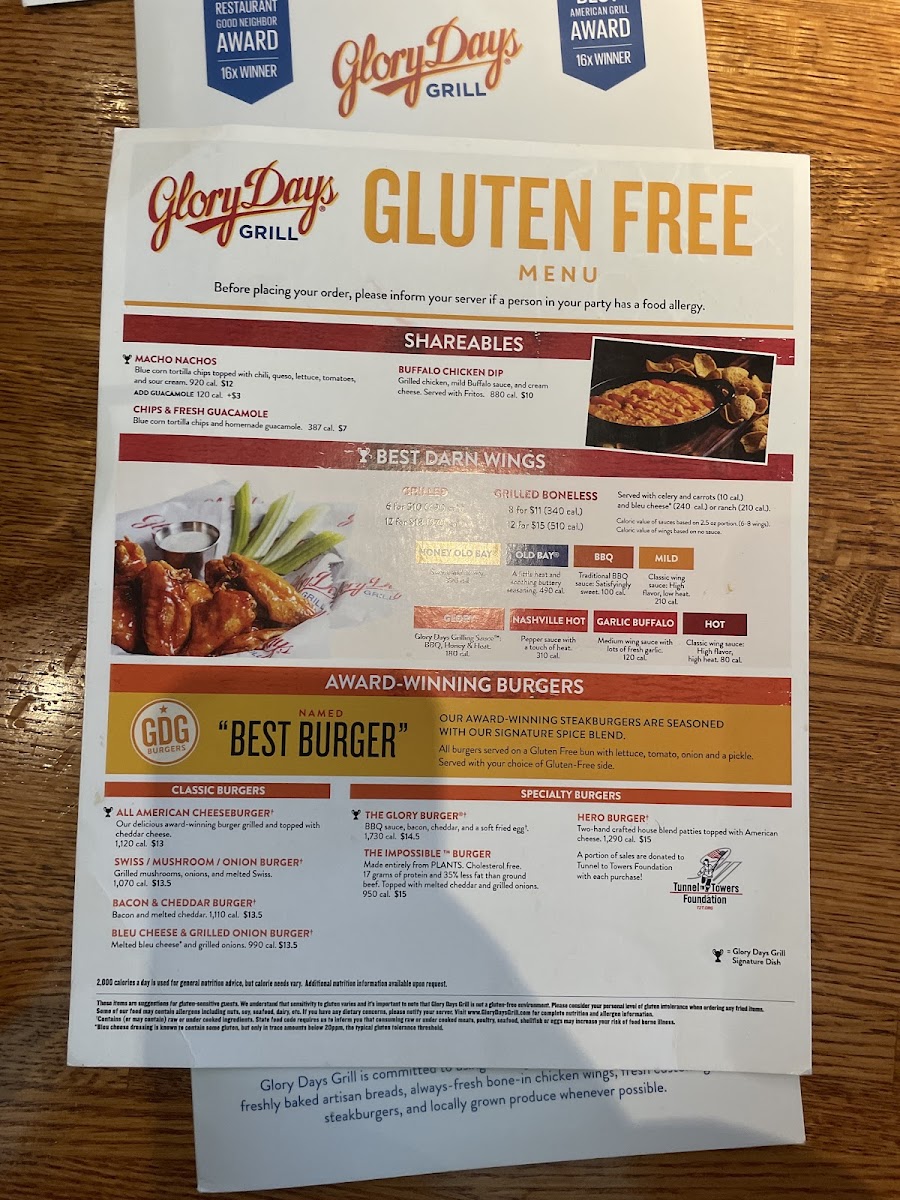 Glory Days Grill gluten-free menu