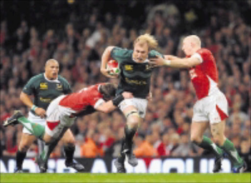 WRECKING BALL: Springboks' Schalk Burger charges through the Welsh defence during the Test at the Millennium Stadium in Cardiff, Wales, on Saturday. The Boks won 20-15. 08/11/08. © Gallo Images.